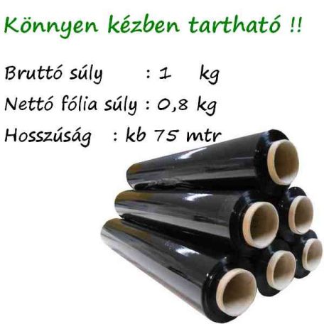 Csomagoló sztreccs fólia 500mm széles, 1kg-os, 23my, fekete,75 mtr