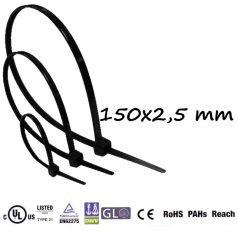 Kábelkötegelő 150x2,5 mm, fekete