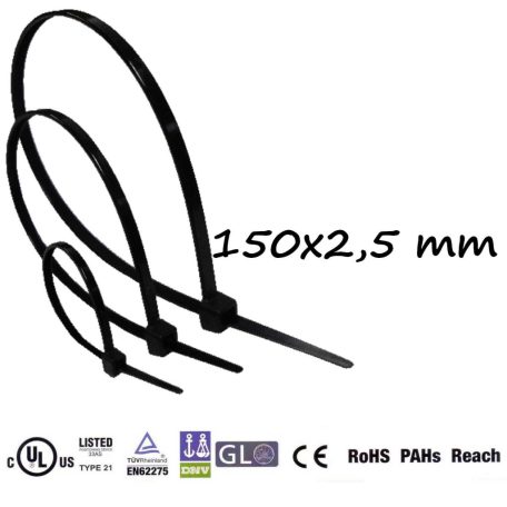 Kábelkötegelő 150x2,5 mm, fekete