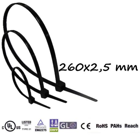 Kábelkötegelő 260x2,5 mm, fekete